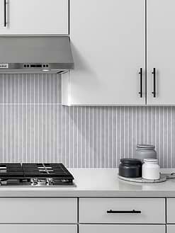Modern White Kitchen With Long Gray Backsplash Tile BA4503