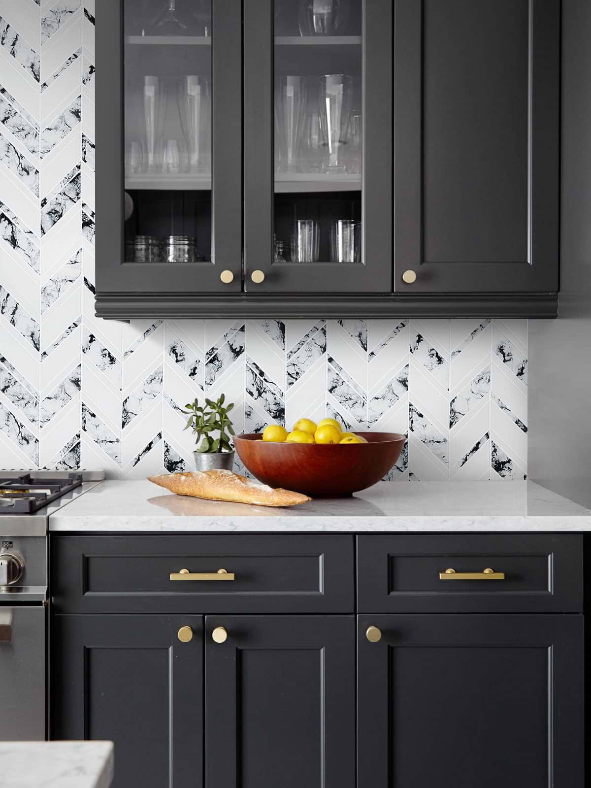 Black Cabinet Countertop White Chevron Marble Look Glass Mosaic Tile