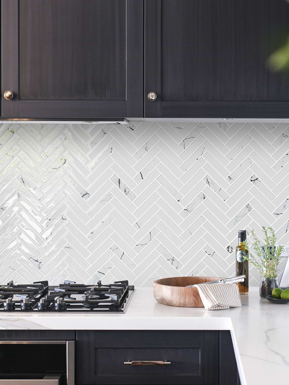Black Cabinet White Glass Herringbone Marble Look Mosaic Backsplash Tile BA5503