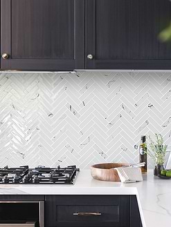 Black Cabinet White Glass Herringbone Marble Look Mosaic Backsplash Tile BA5503