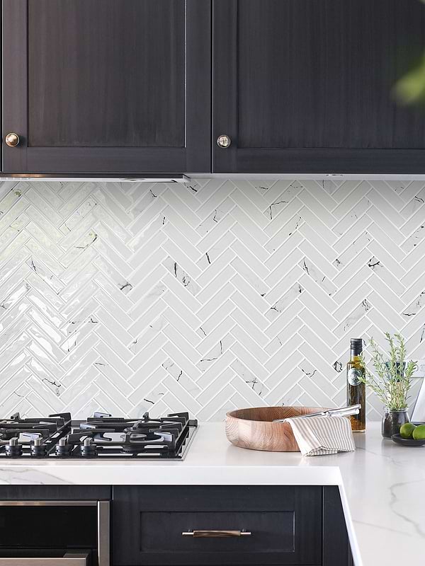 Black Cabinet White Glass Herringbone Marble Look Mosaic Backsplash Tile BA5503