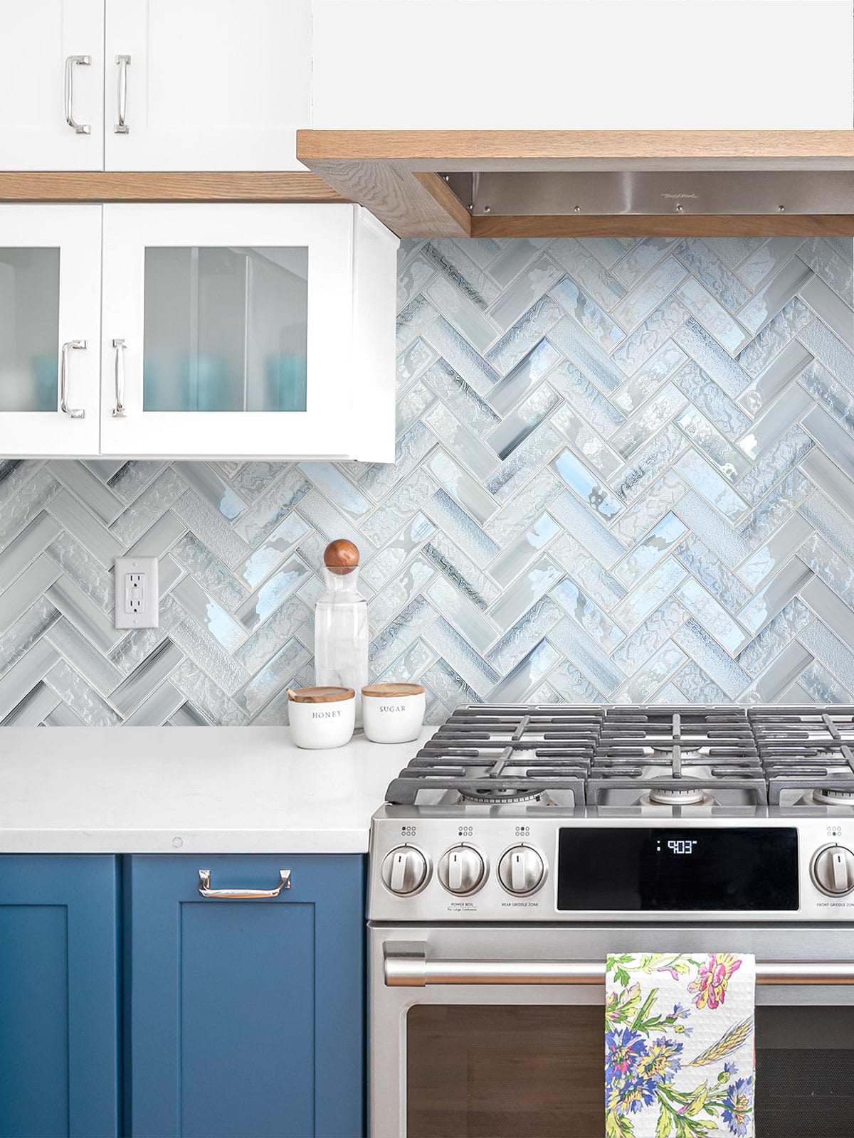 Blue Cabinet Blue Glass Herringbone Backsplash Tile BA5507