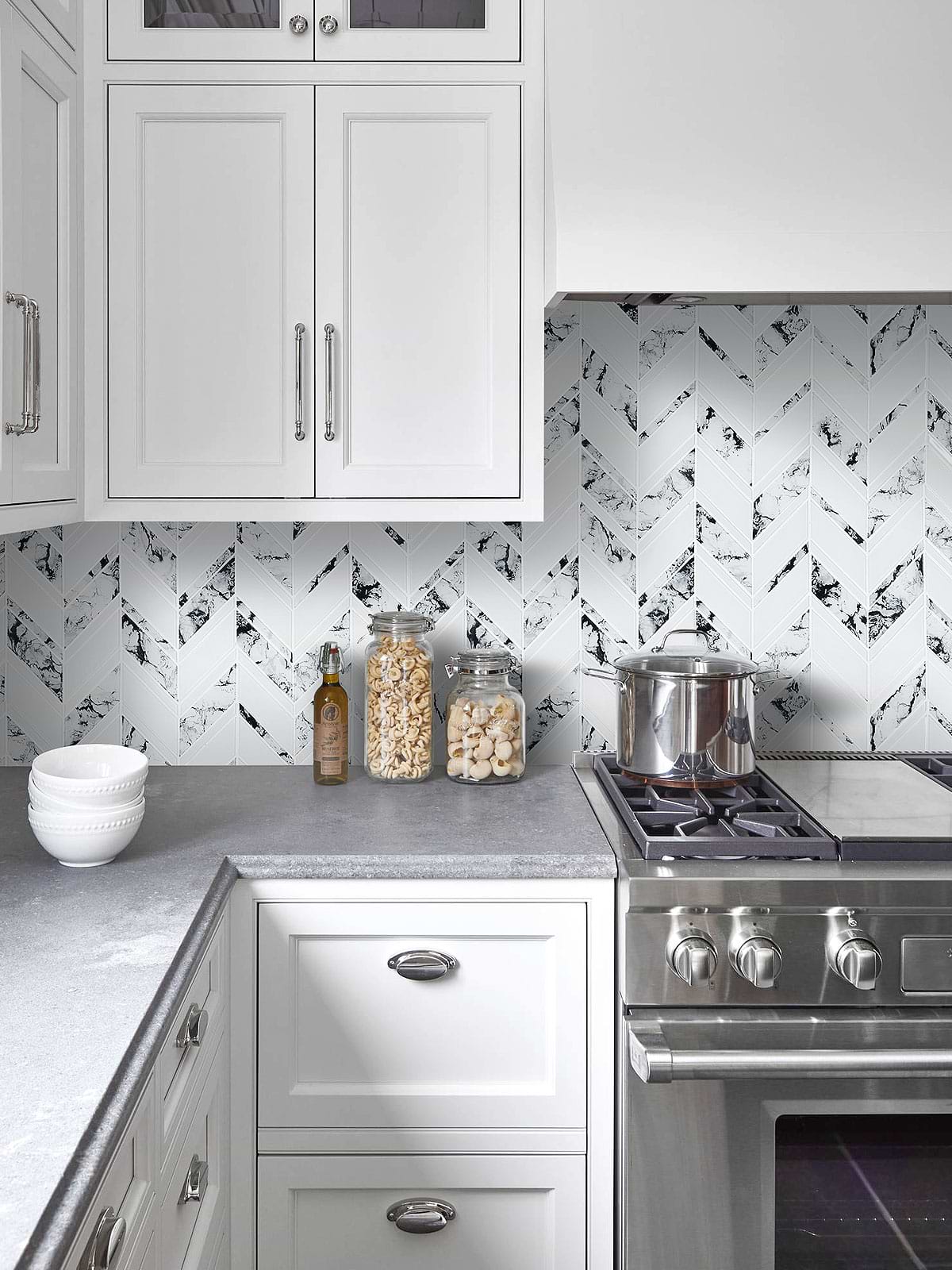 Gray Countertop White Cabinet White Chevron Marble Look Glass Mosaic Tile
