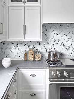 Gray Countertop White Cabinet White Chevron Marble Look Glass Mosaic Tile
