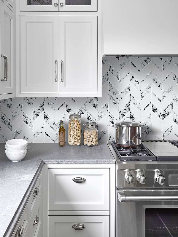 Gray Countertop White Cabinet White Chevron Marble Look Glass Mosaic Tile