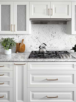Gray Countertop White Cabinet White Hexagon Glass Backsplash Tile BA5509