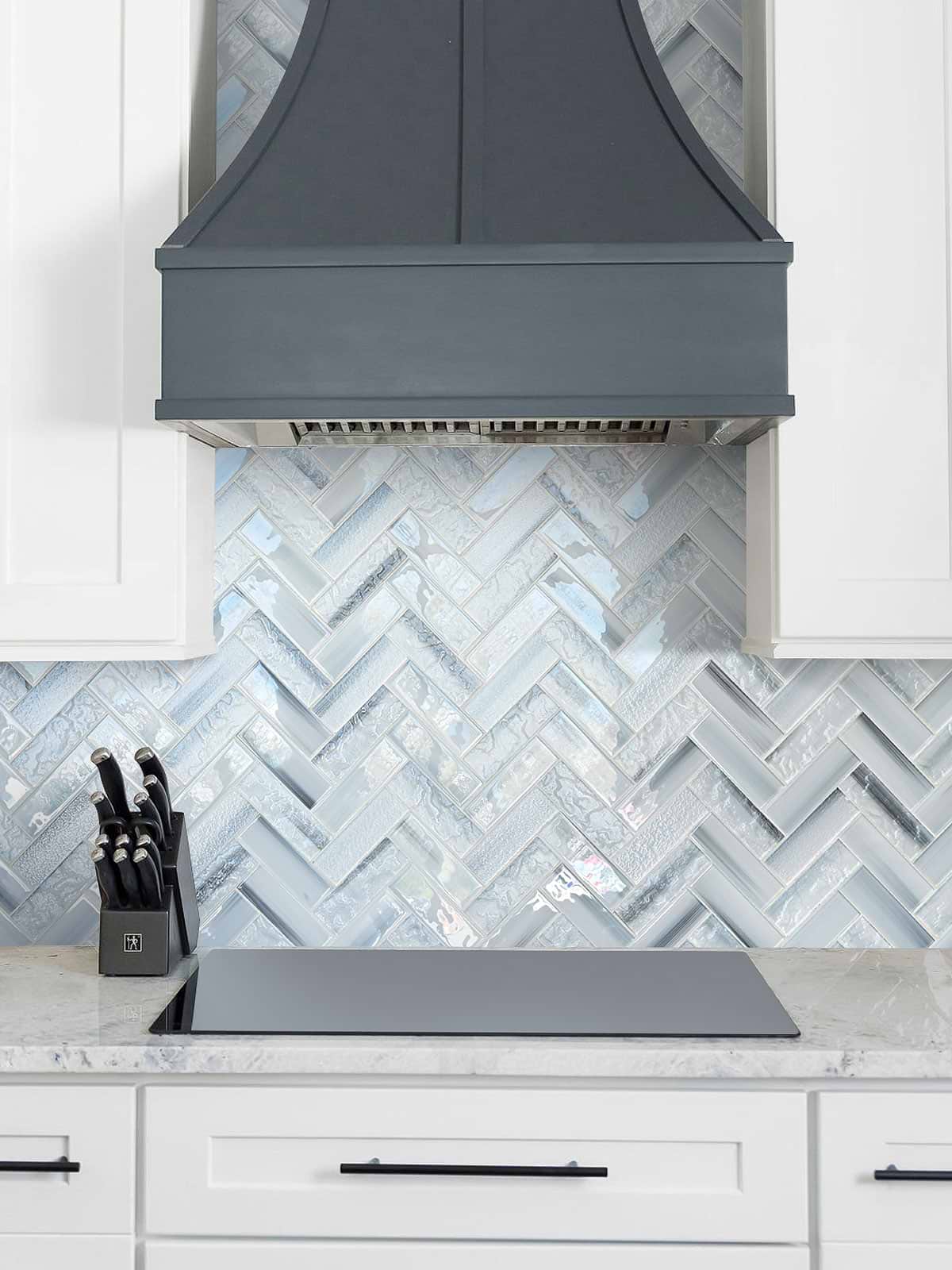 White Cabinet Blue Glass Herringbone Backsplash Tile BA5507