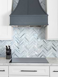 White Cabinet Blue Glass Herringbone Backsplash Tile BA5507