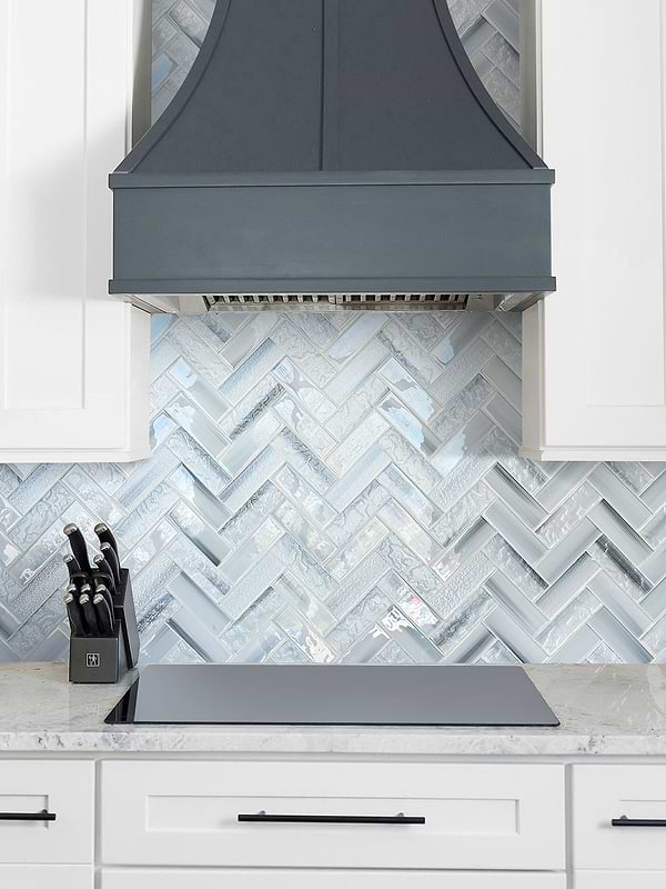 White Cabinet Blue Glass Herringbone Backsplash Tile BA5507