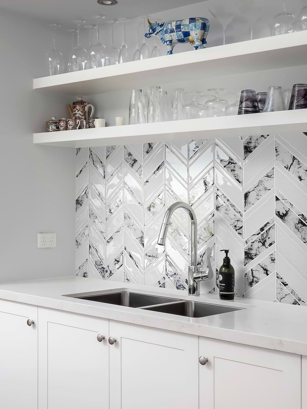 White Cabinet Countertop White Chevron Marble Look Glass Mosaic Tile