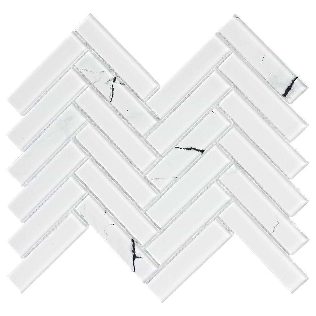 White Glass Herringbone Marble Look Mosaic Backsplash Tile BA5503 1