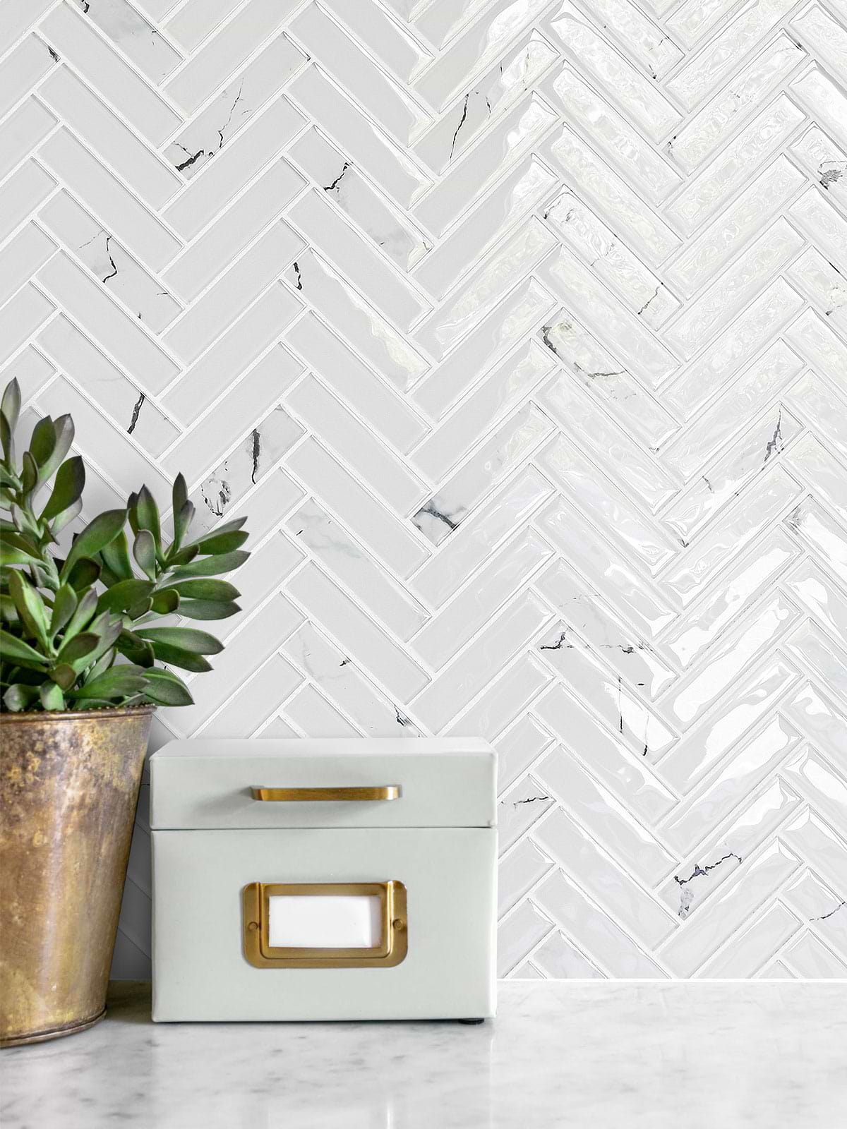 White Glass Herringbone Marble Look Mosaic Backsplash Tile BA5503