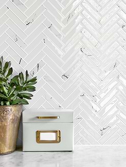 White Glass Herringbone Marble Look Mosaic Backsplash Tile BA5503
