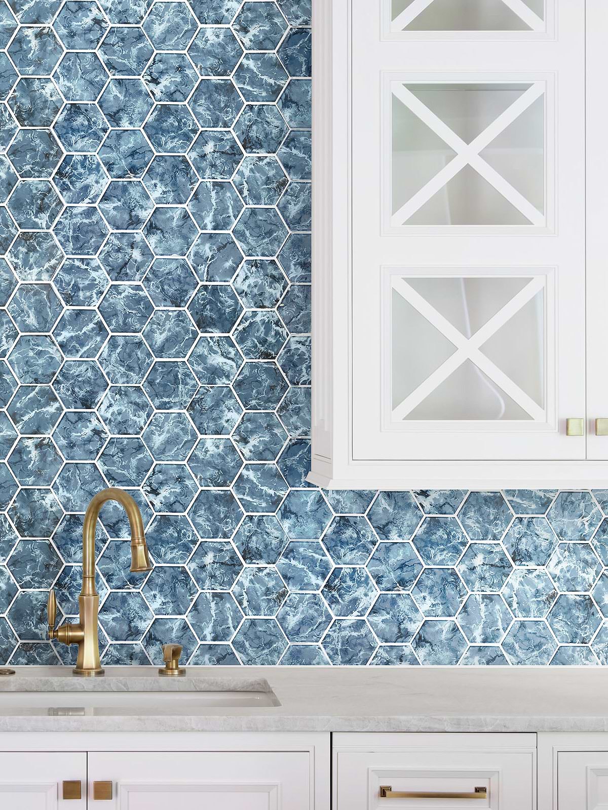 White Kitchen Blue Hexagon Backsplash Tile BA5501
