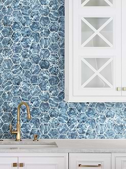 White Kitchen Blue Hexagon Backsplash Tile BA5501