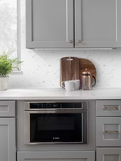 White Quartz Countertop Gray Cabinet Herringbone Marble Look Mosaic Backsplash Tile BA5503