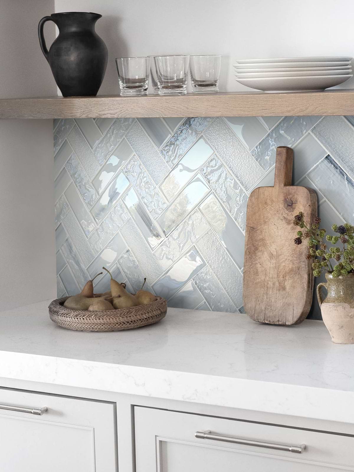 White quartz countertop Blue Glass Large Herringbone Mosaic Backsplash Tile BA5507