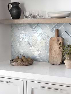 White quartz countertop Blue Glass Large Herringbone Mosaic Backsplash Tile BA5507