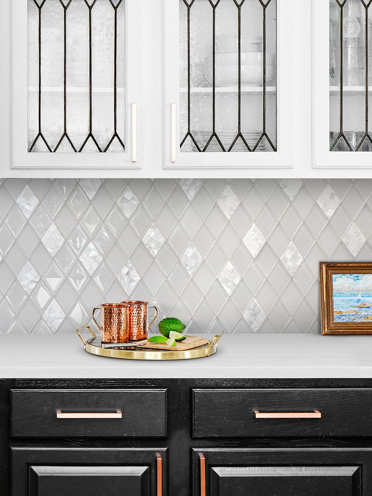 Brown Cabinet with White Glass Shell Diamond Tile BA6706