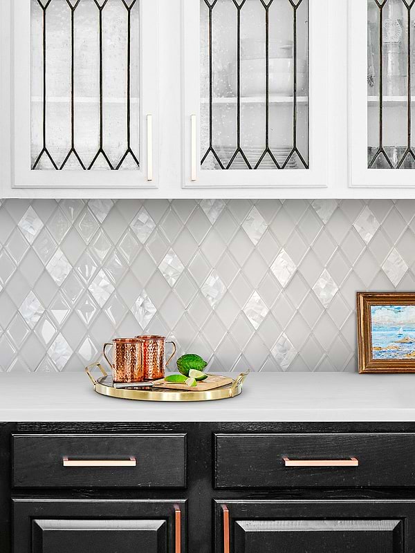 Brown Cabinet with White Glass Shell Diamond Tile BA6706