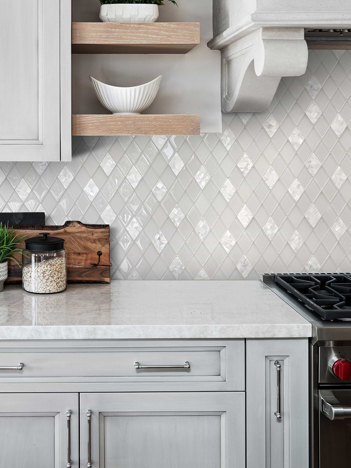 Gray Cabinet with White Glass Shell Diamond Tile BA6706