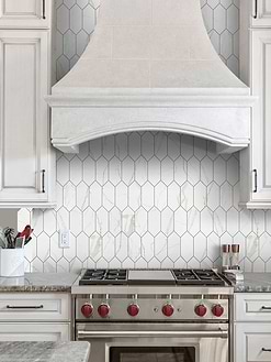 Gray Cabinets Countertop Glass Calacatta Gold Mosaic Backsplash Tile BA6702