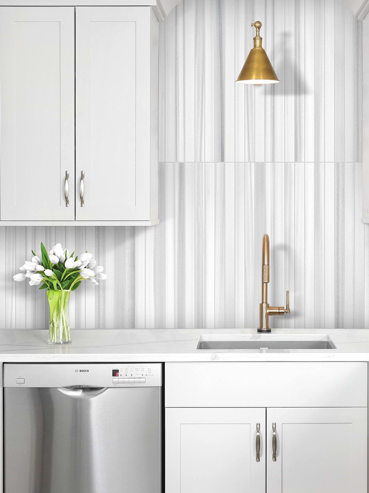 White Cabinet Modern Long Marble White Gray Backsplash Mosaic Tile BA1079