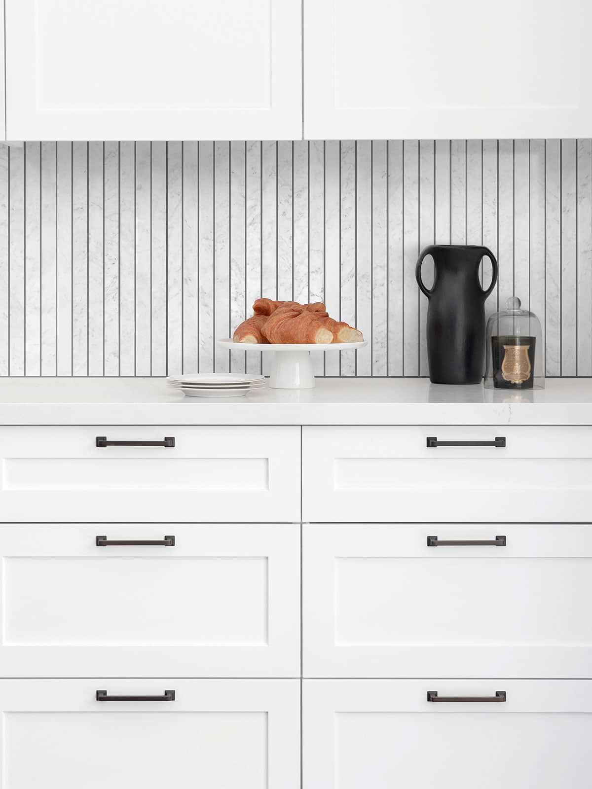 White Kitchen Cabinets Modern Long Marble Carrara Gray Backsplash Mosaic Tile BA1077