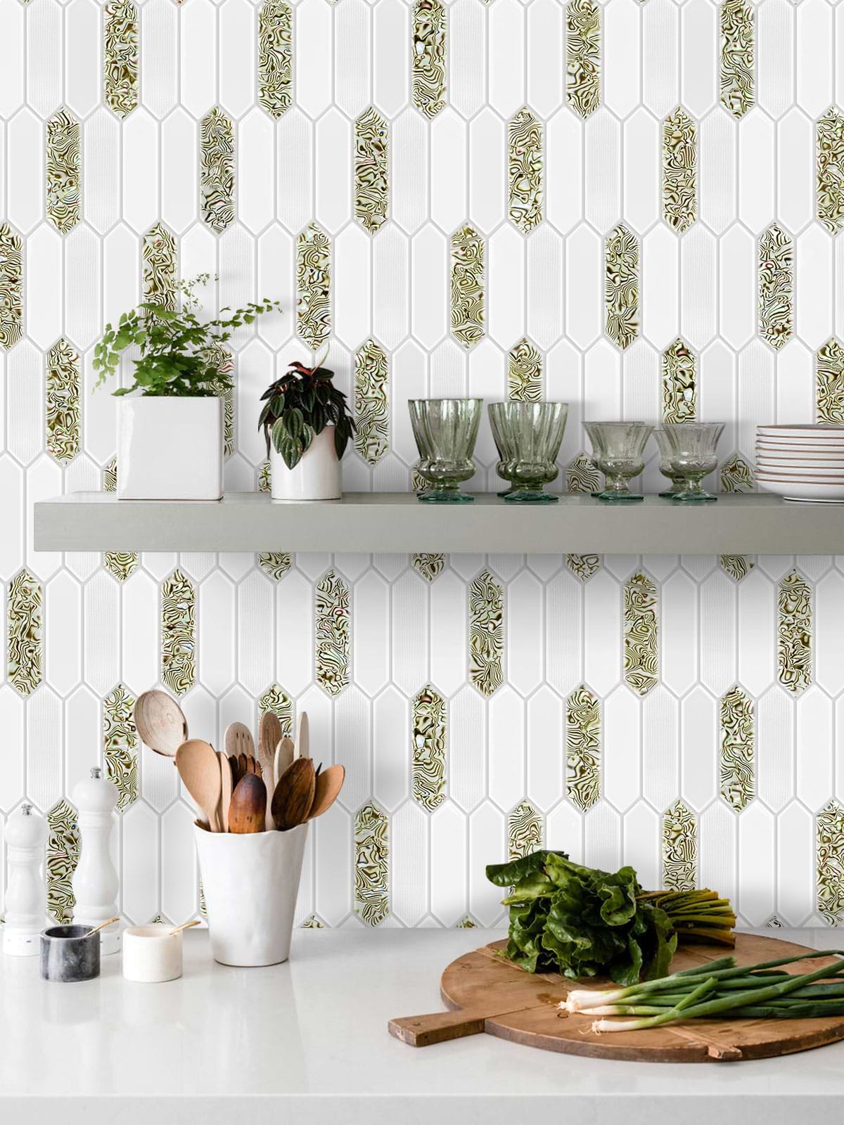 Glass Green Pearl Picket Backsplash Tile BA6710