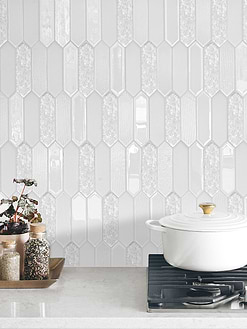 white glass mosaic tile with quartz countertop