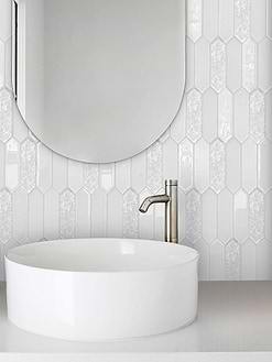 white glass mosaic wall tile with bathroom sink and vanity