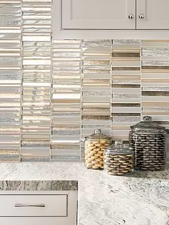 Beige Granite Countertop Rose Gold Beveled Edge Glass Backsplash Tile BA8009