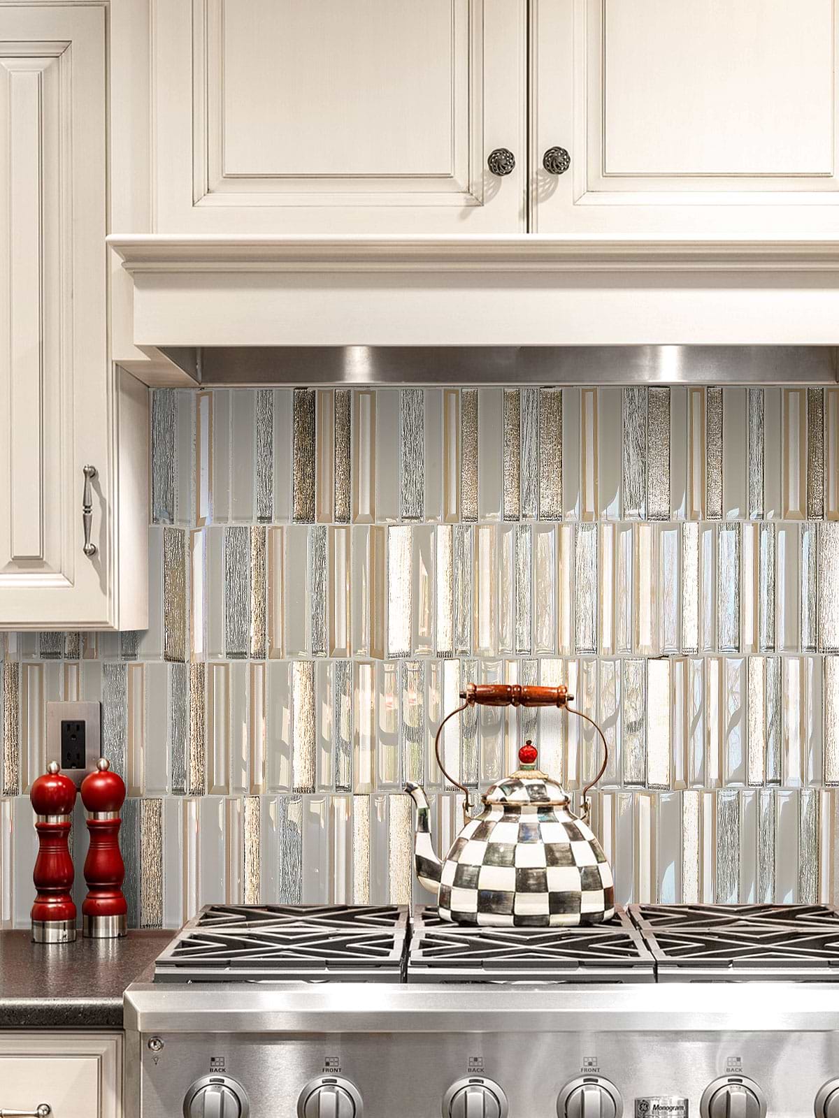 Beige Kitchen Cabinets Rose Gold Beveled Edge Glass Backsplash Tile BA8009