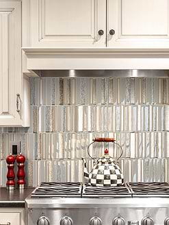 Beige Kitchen Cabinets Rose Gold Beveled Edge Glass Backsplash Tile BA8009