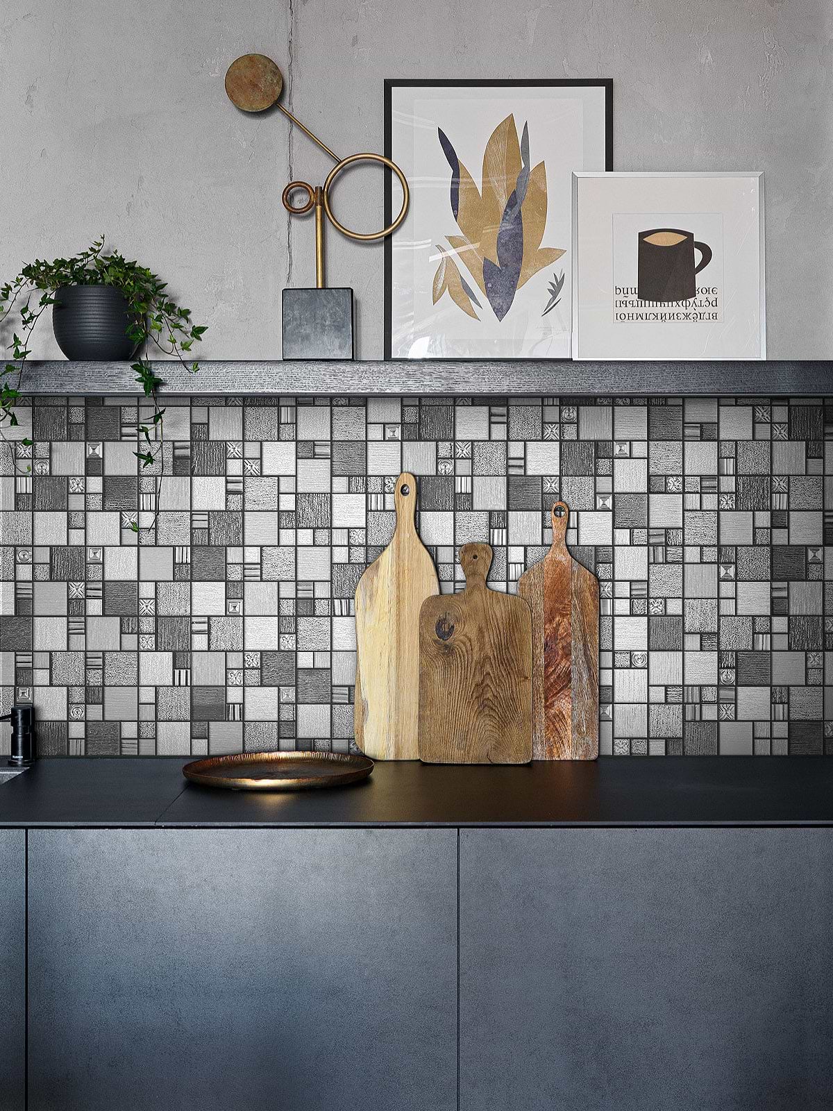 Black Modern Cabinet Gray Black Metallic Textured Glass Backsplash Tile BA8004