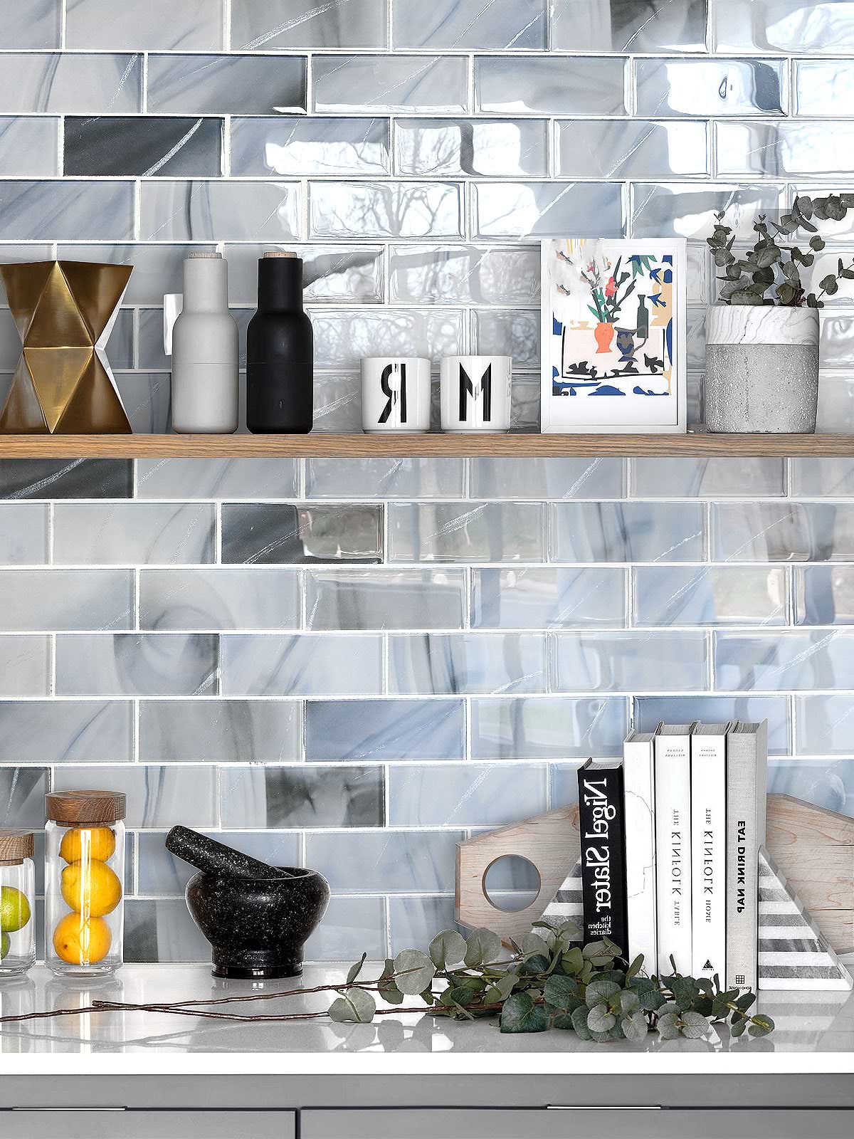Gray Cabinets Blue Glass with Sparkle Design Subway Backsplash Tile BA8010