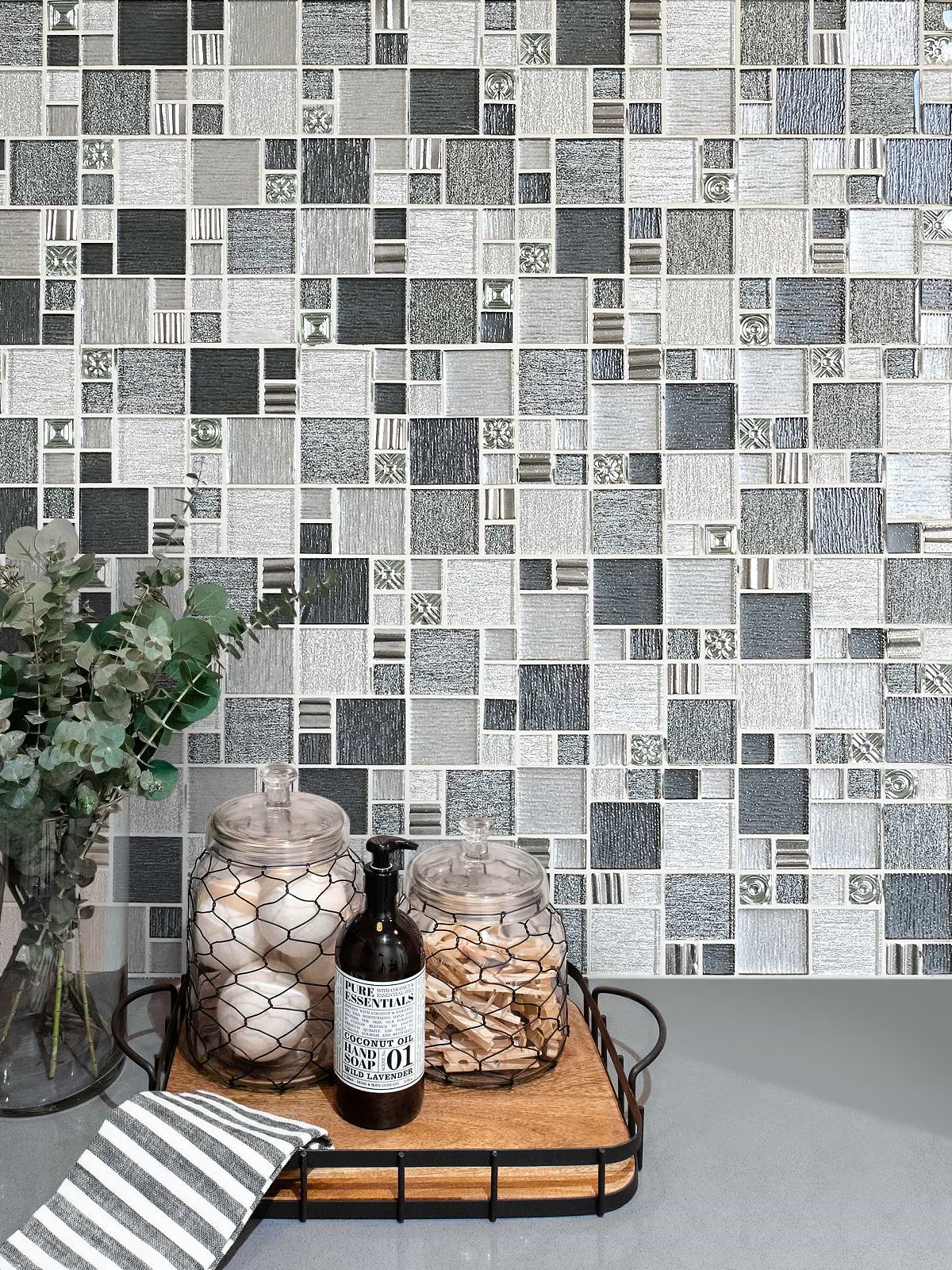 Gray Countertop Gray Black Metallic Textured Glass Backsplash Tile BA8004