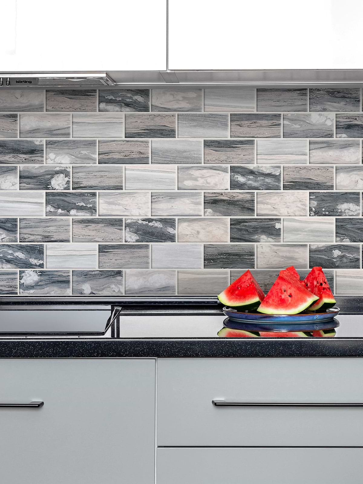 Gray Modern Cabinet Gray Beige Subway Glass Backsplash Tile BA8010