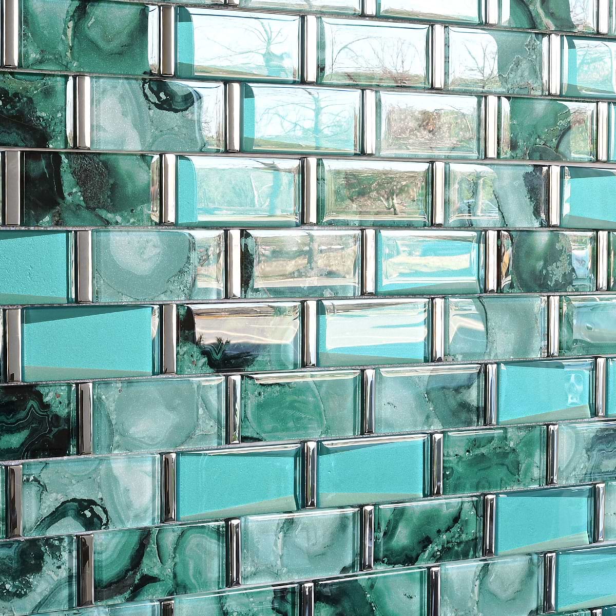 Green Unique Glass Subway Beveled Glass Backsplash Tile 9 BA8013