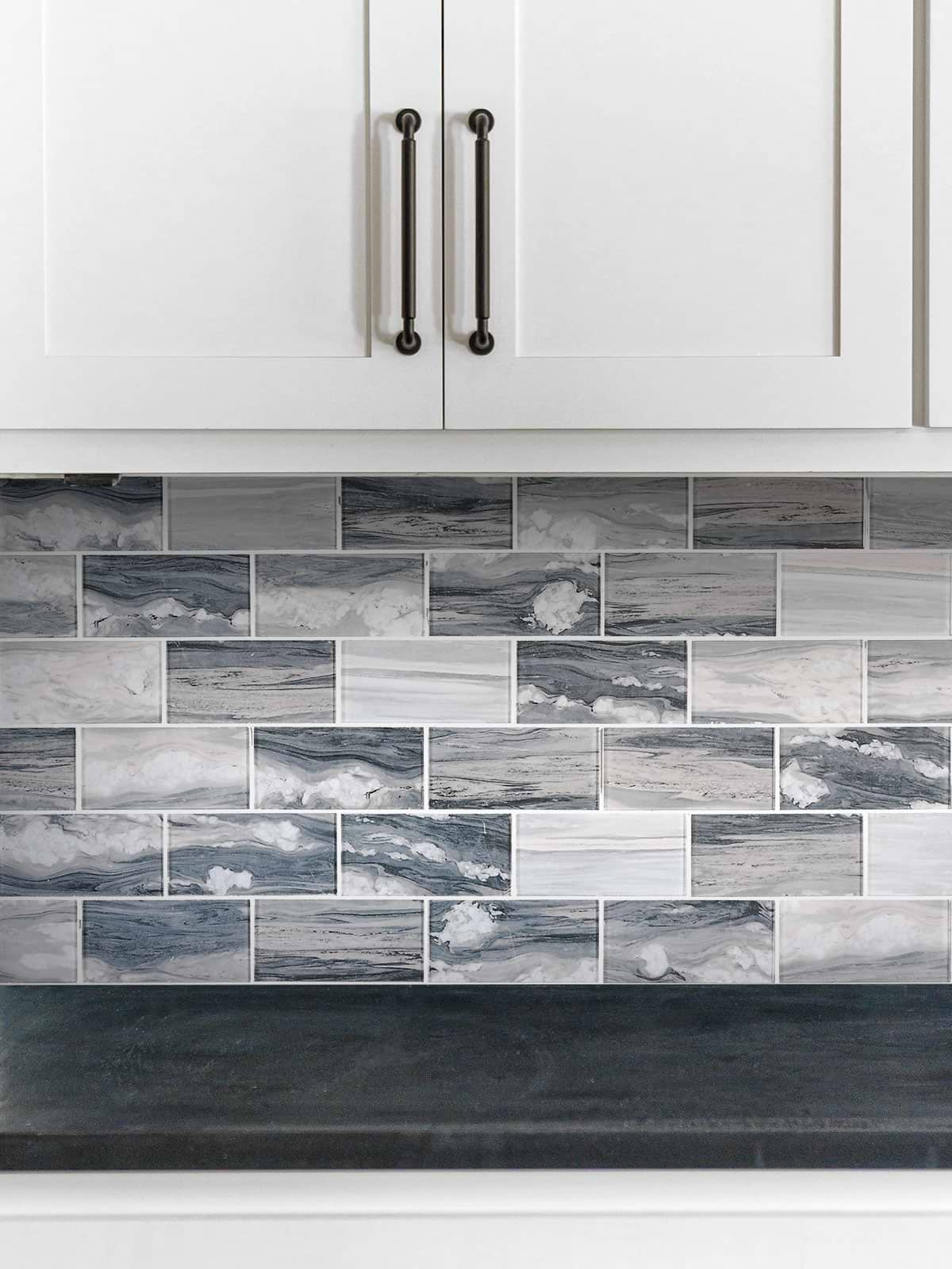 White Cabinet Black Countertop Gray Beige Subway Glass Backsplash Tile BA8010