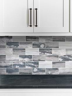 White Cabinet Black Countertop Gray Beige Subway Glass Backsplash Tile BA8010