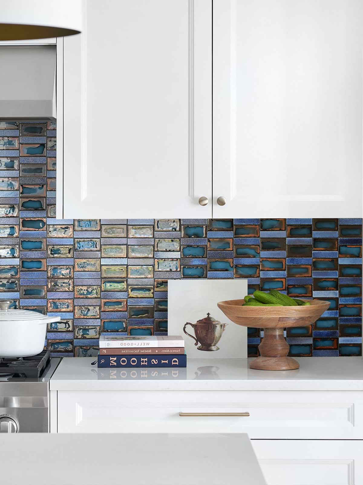 White Cabinet Blue Rustic Glass Backsplash Tile BA6204