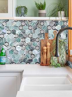 White Countertop Green Glass Metal Hexagon Backsplash Tile BA6203
