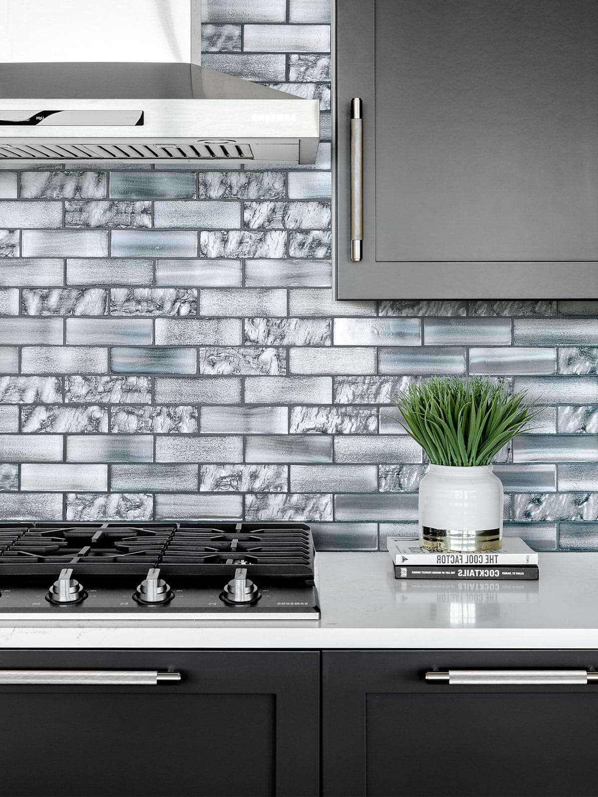 Black Kitchen Space Blue Subway Glass Backsplash Tile