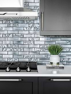 Black Kitchen Space Blue Subway Glass Backsplash Tile