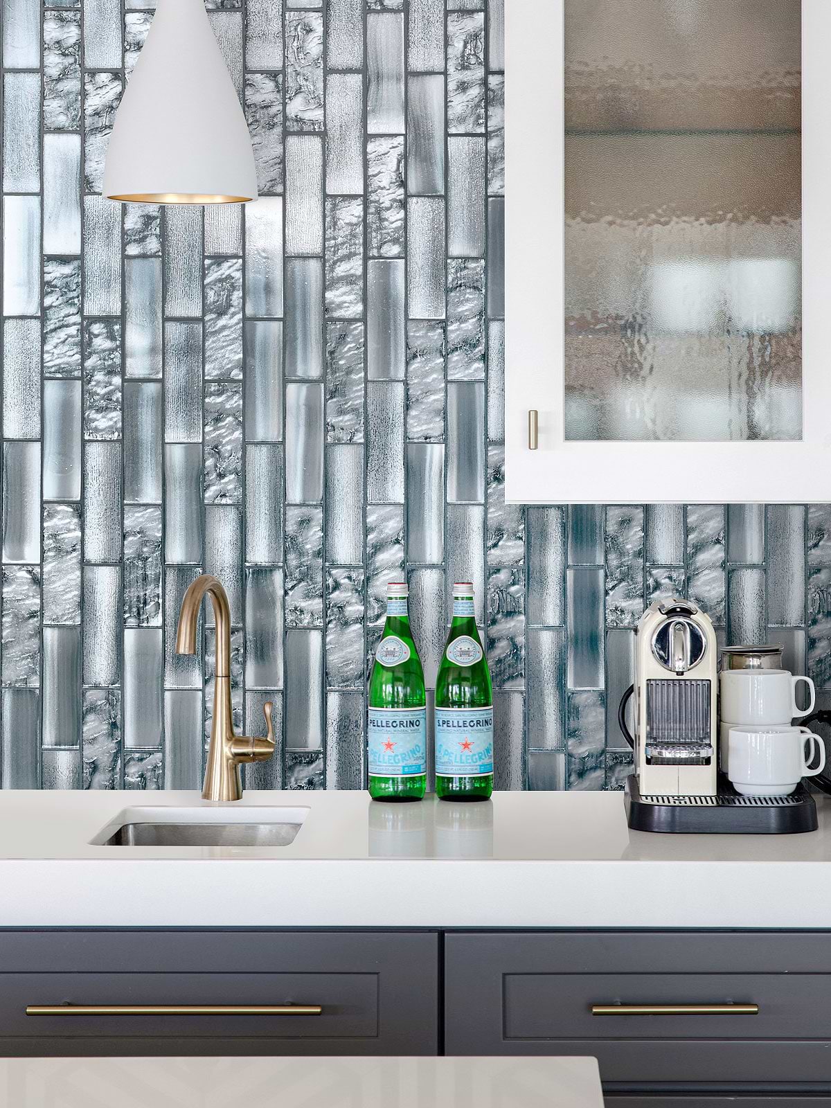 Blue Cabinets with Space Blue Subway Glass Backsplash Tile