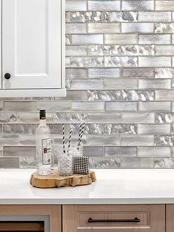 Brown Cabinet with Space Brown Subway Glass Backsplash Tile
