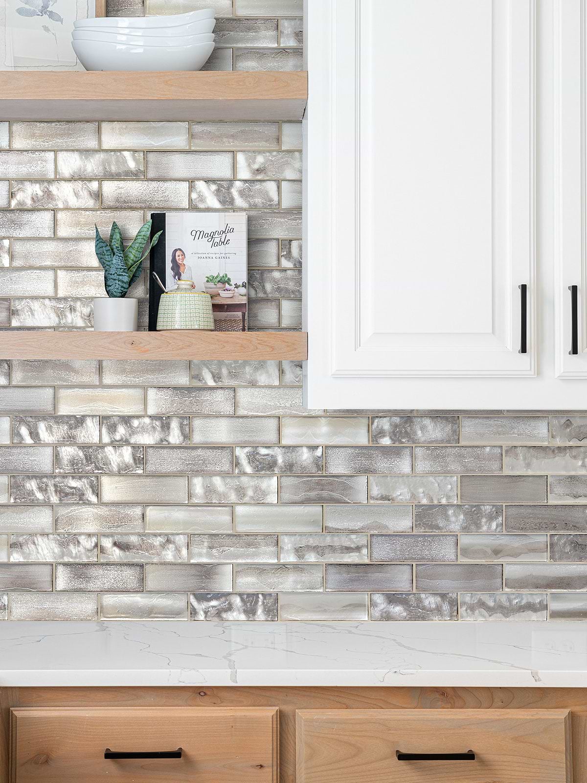 Brown Kitchen with Space Brown Subway Glass Backsplash Tile
