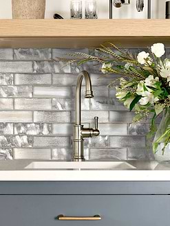 Graay kitchen cabinets with Space Brown Subway Glass Backsplash Tile