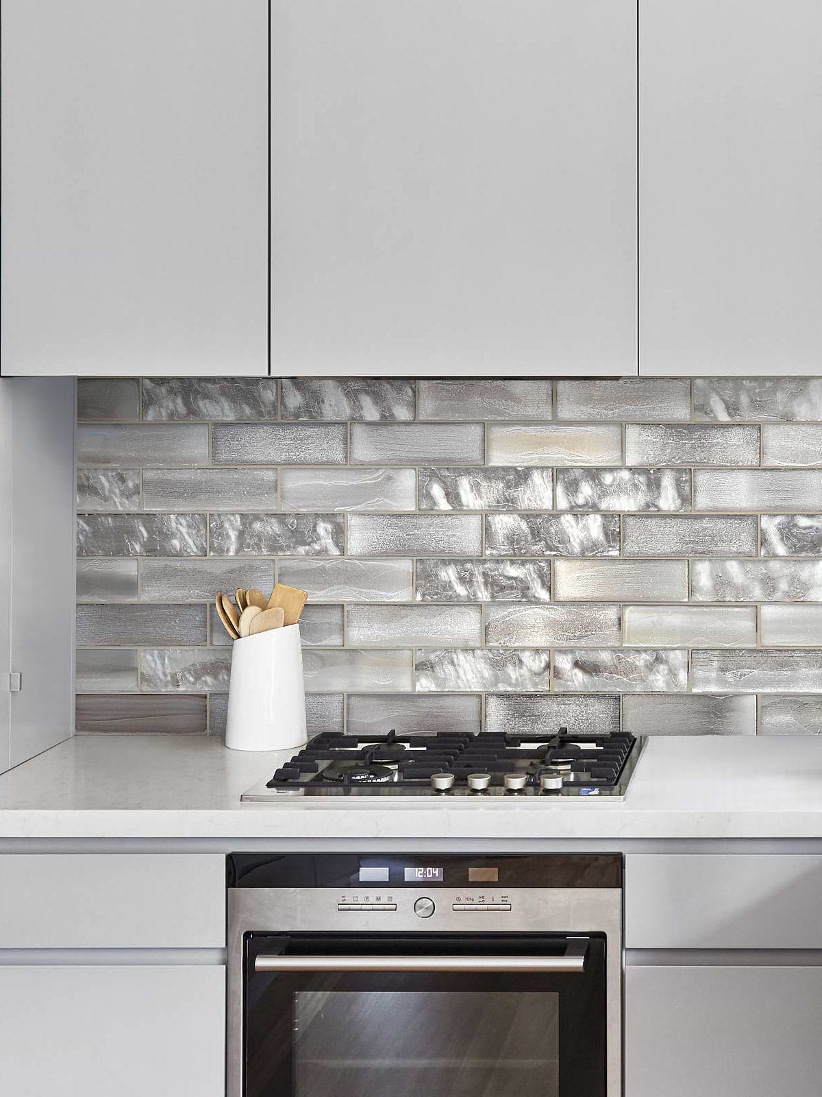 Gray Kitchen with Space Brown Subway Glass Backsplash Tile